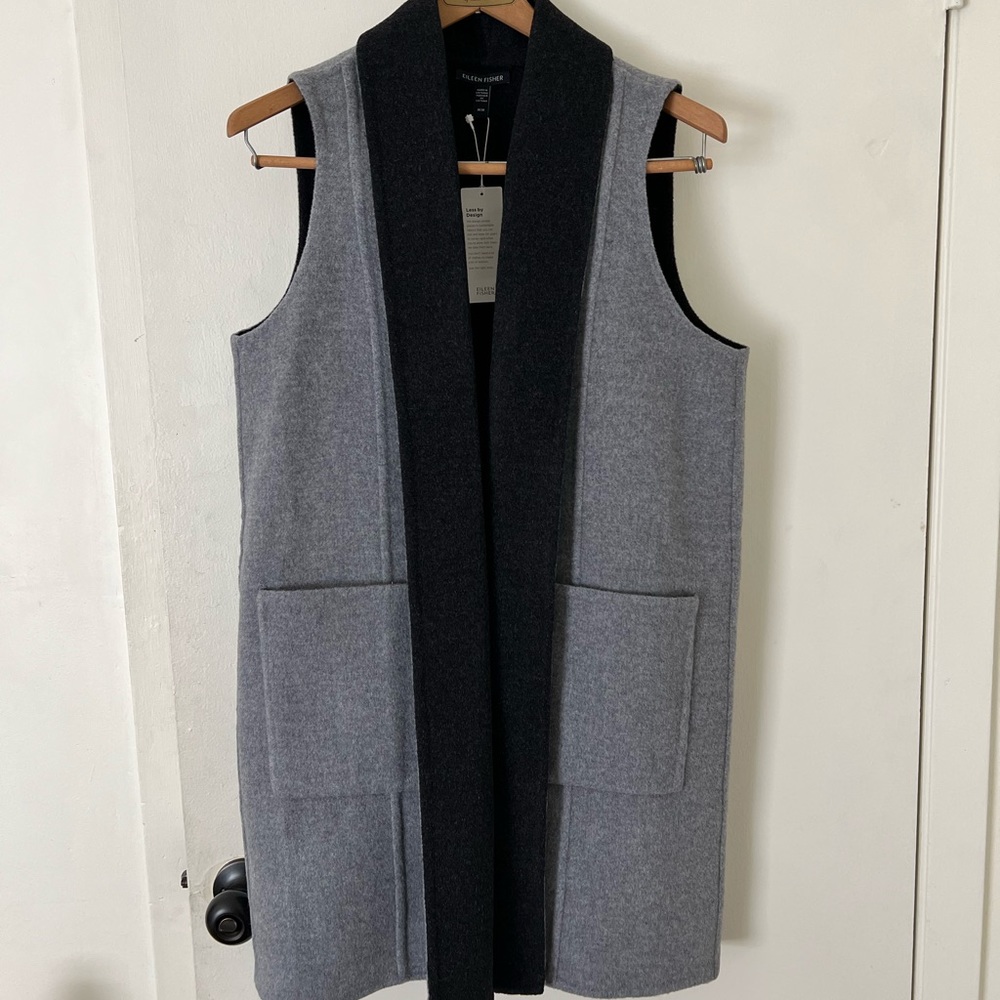 Eileen Fischer wool vest coat M grey/black new with tags